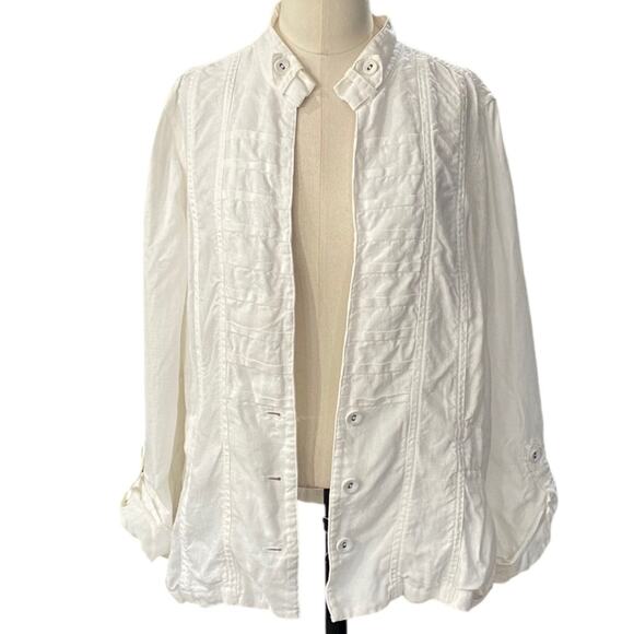 Chicos Banded Elegance Jacket Size 2 White Lightweight LINEN Button Up - Picture 1 of 11